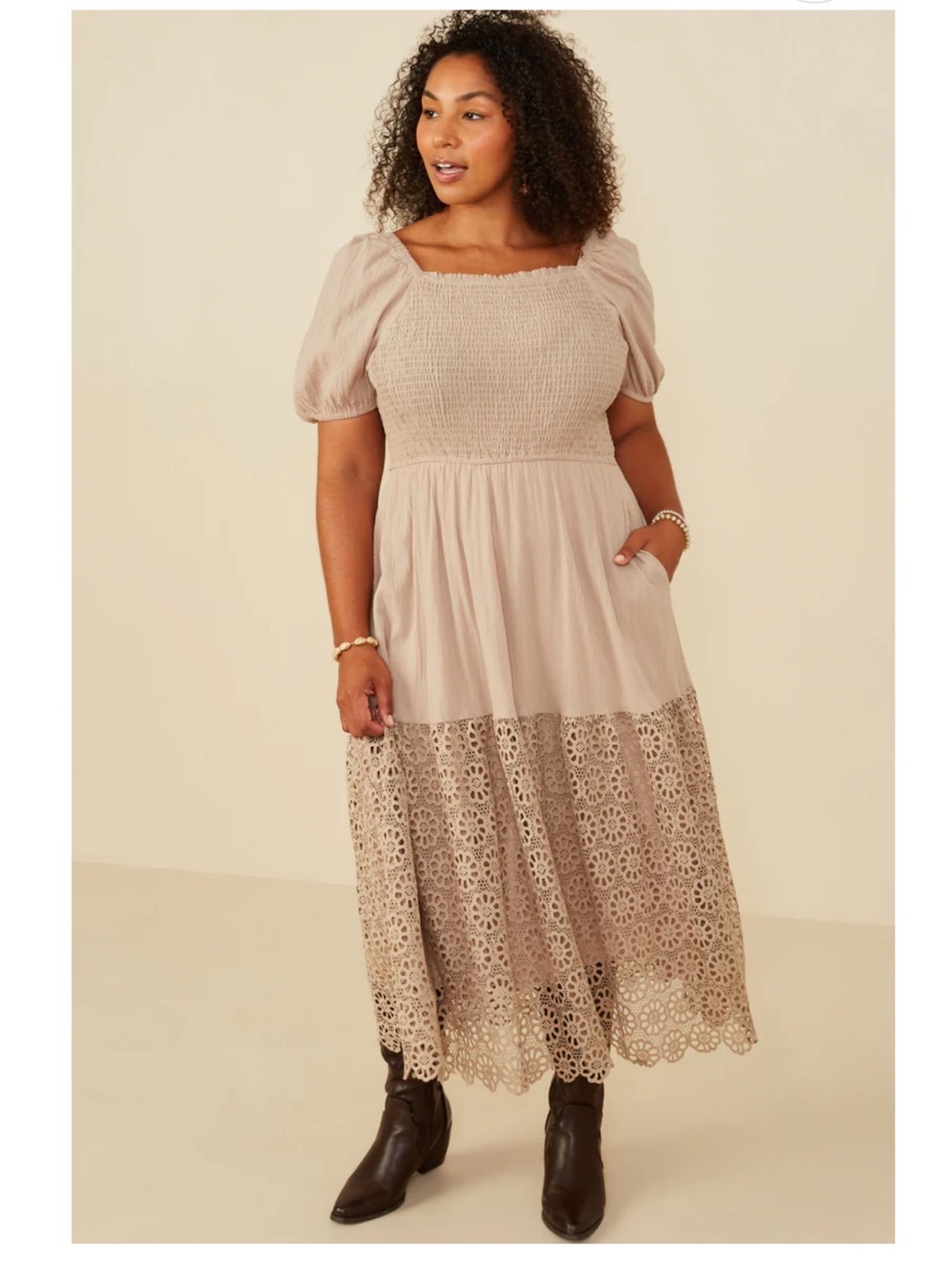Hayden Smocked Prairy Midi Dress 2X Crochet Lace Hem Puff Sleeve Modest